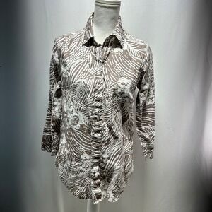 Peck & Peck Women's Linen Button Up Shirt Tropical Leaf Print Brown White Size S